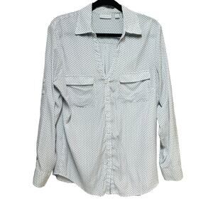 New York & Company Polka Dot Split Neck Tunic Shirt White blue Womens Size Large